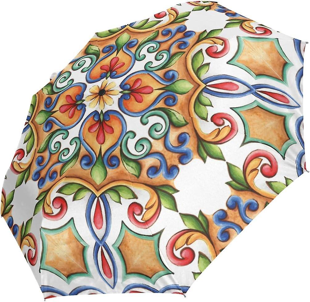 Travel Umbrella Automatic Windproof Foldable Umbrella Majolica Watercolor Ornament