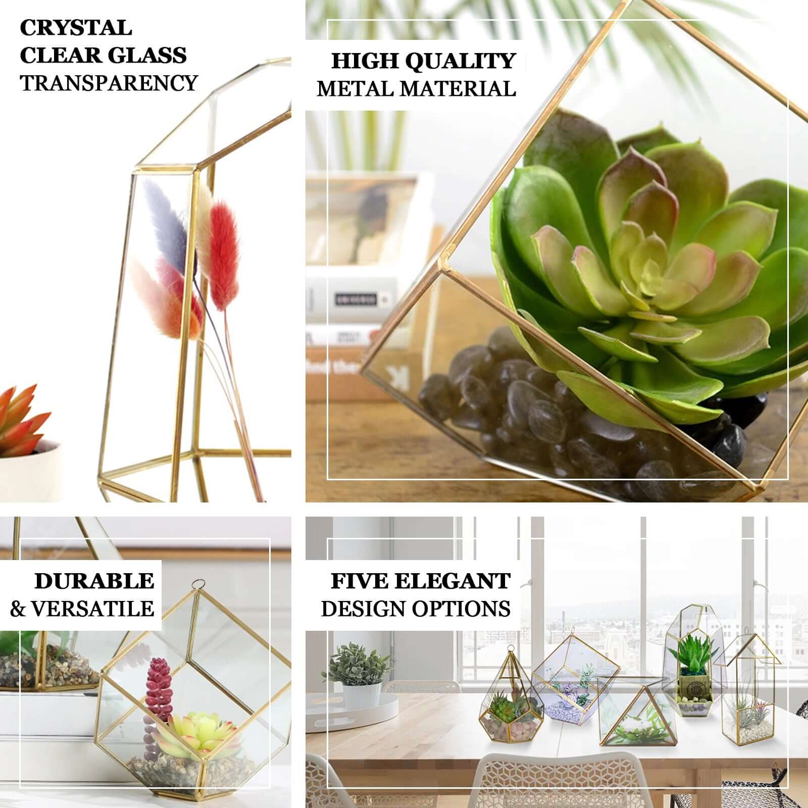 House Lantern Hanging Gold Metal Geometric Glass Terrarium, Multipurpose Air Plants Holder 11