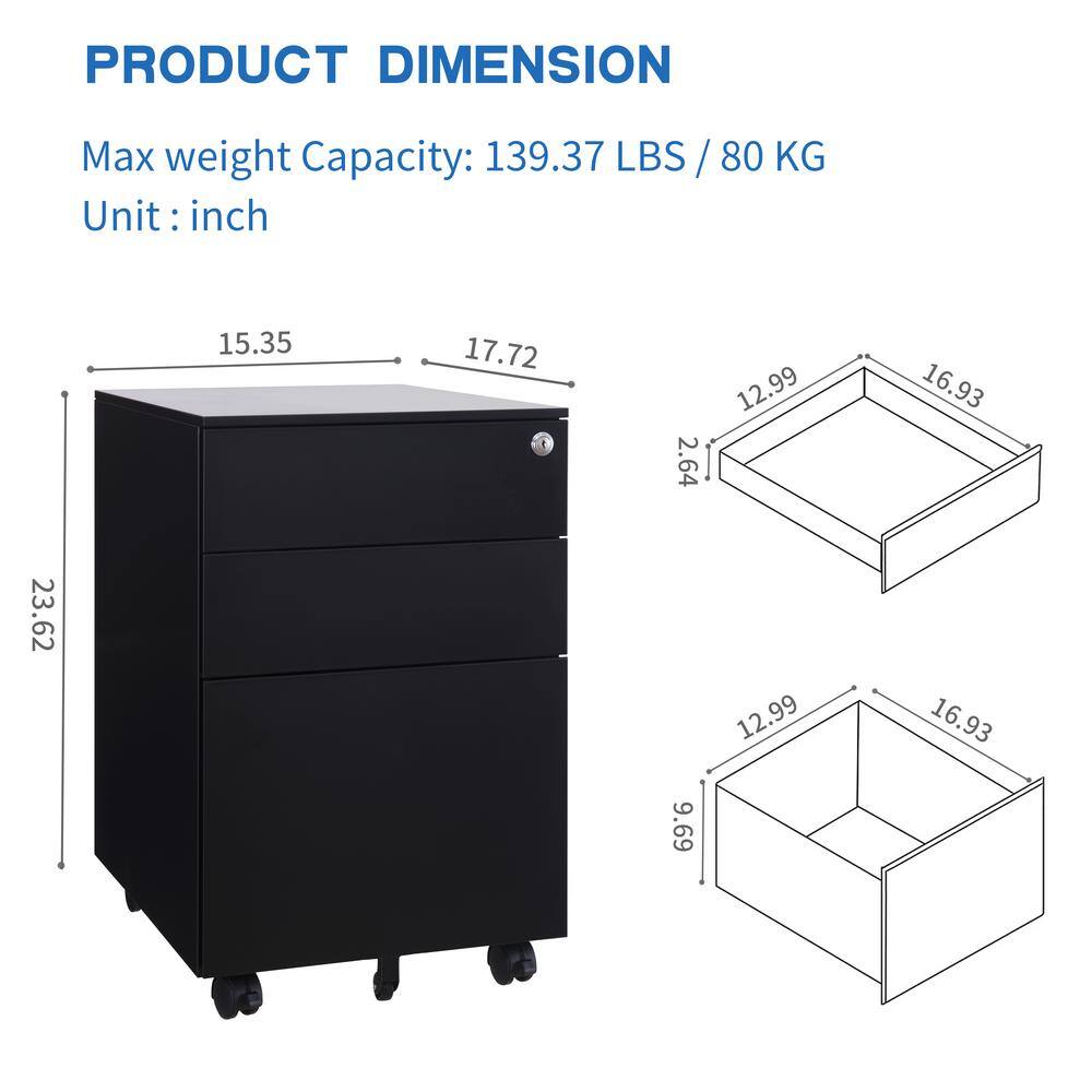 Tatahance 3-Drawer Mobile Black Metal Lateral Filing Cabinet with Lock Steel W25252086-Z