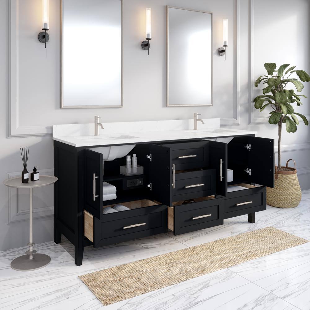 ART BATHE Houston 72 in. W x 22 in. D Bath Vanity in Espresso Diamond Quartz Top with White Sink Power Bar and Drawer Organizer HU72ES