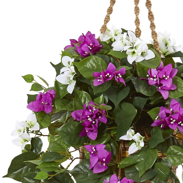 X 28 quot Artificial Mixed Bougainvillea Plant Hanging Basket Purple white Nearly Natural