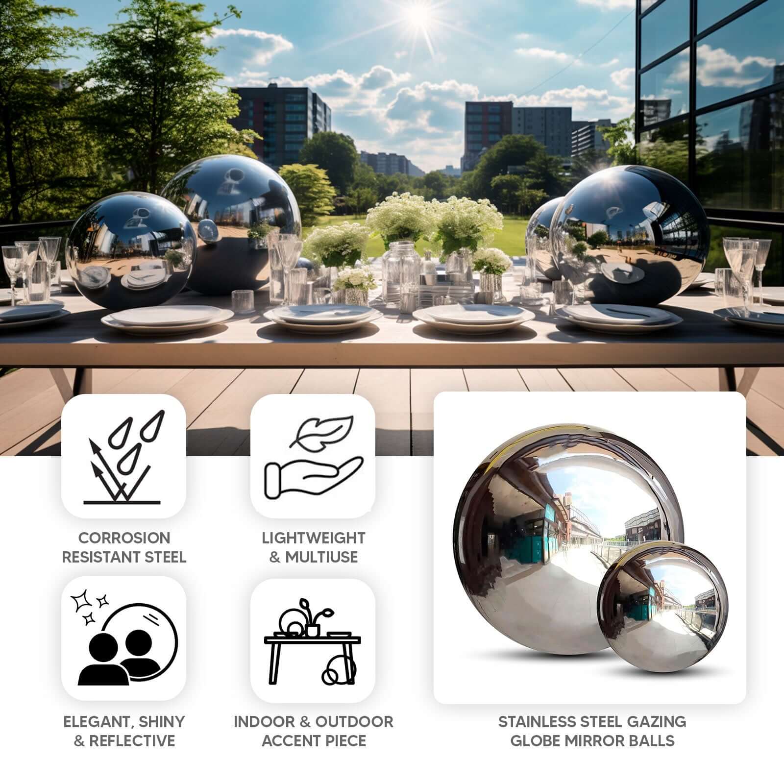 Silver Stainless Steel Gazing Globe Mirror Ball, Reflective Shiny Hollow Garden Sphere - 22