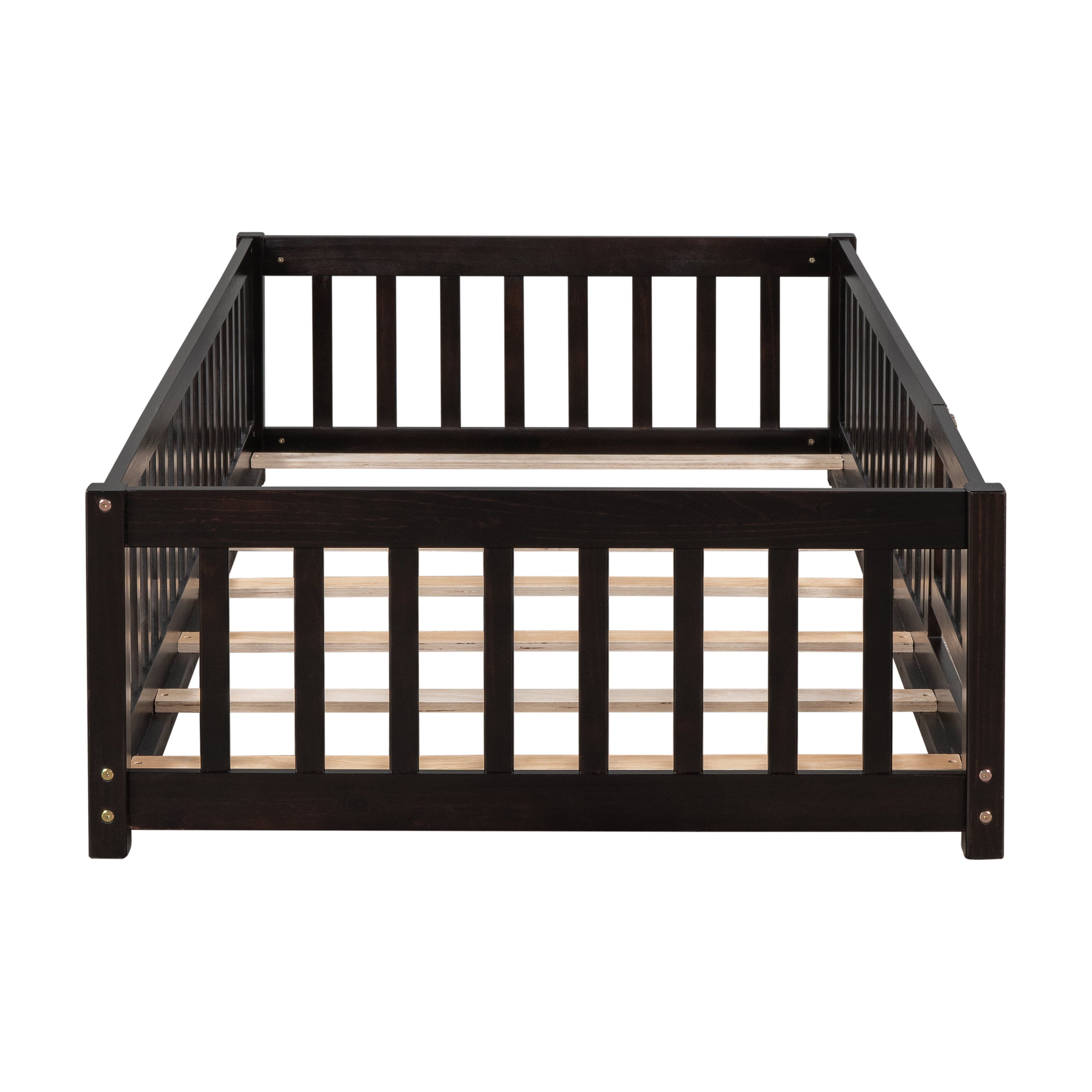 uhomepro Twin Size Wood Floor Bed Frame with Fence and Door for Kids, Toddlers, Espresso