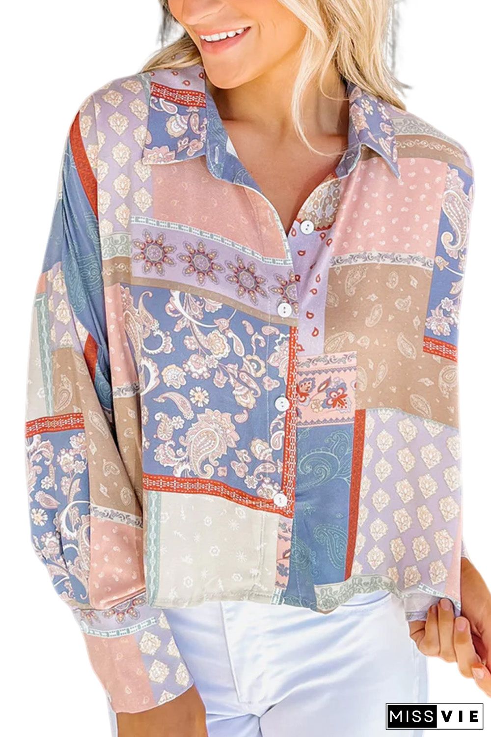 Multicolor Mixed Boho Print Puff Sleeve Loose Shirt