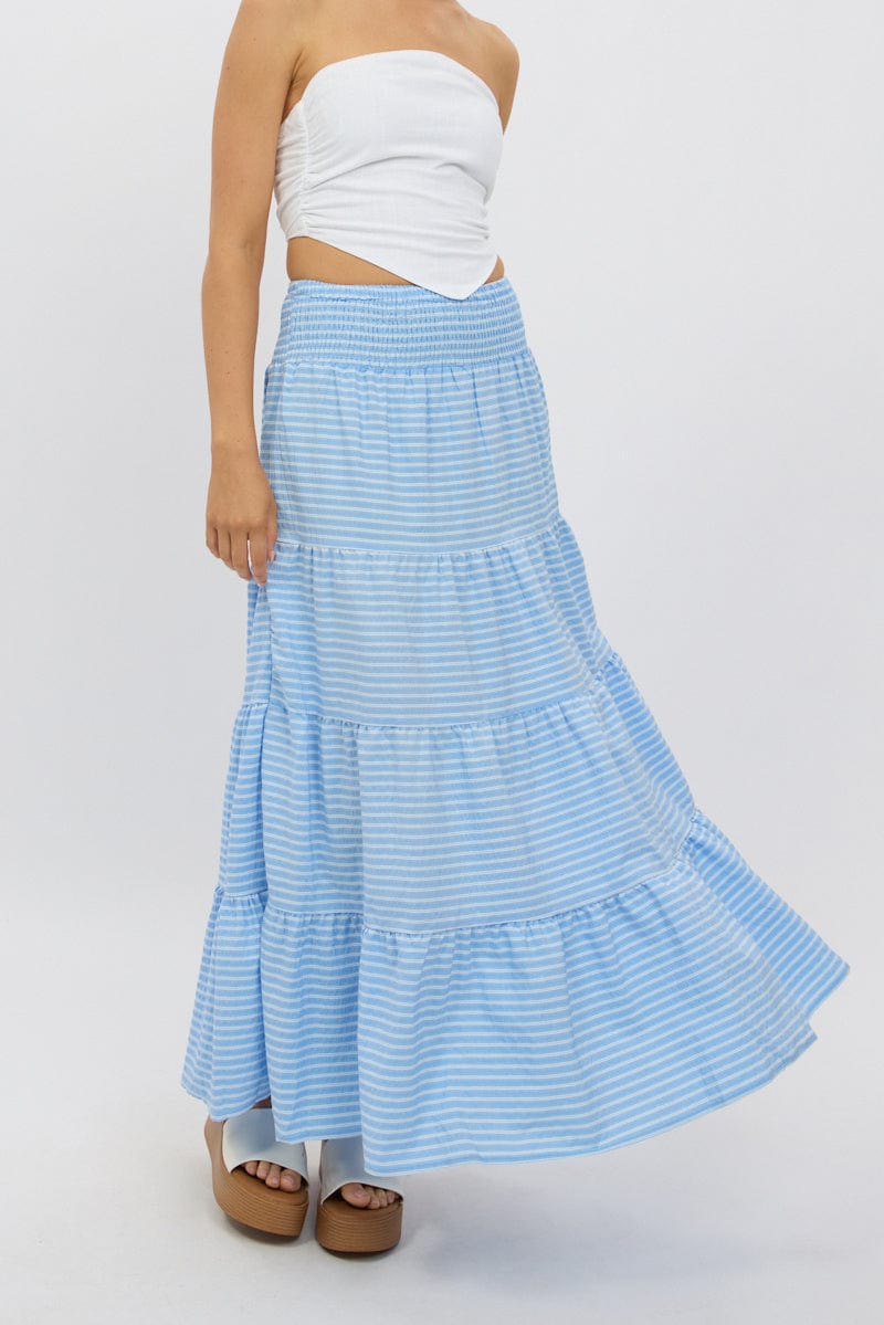 Blue Stripe Maxi Skirt Shirred Waist Tiered Relaxed Fit