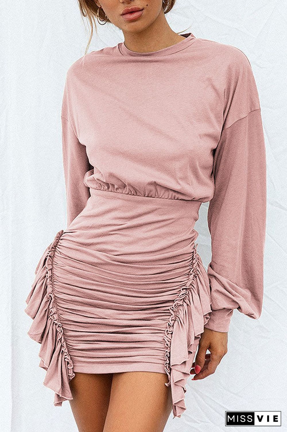 Scoop Long Sleeve Shirred Short Dress