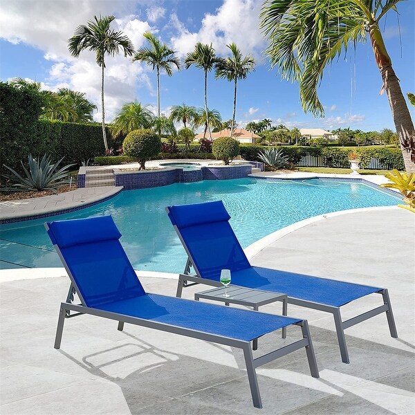 3-Piece Outdoor Chaise Lounge Adjustable Back with Table and Headrest - N/A - Overstock - 37952818