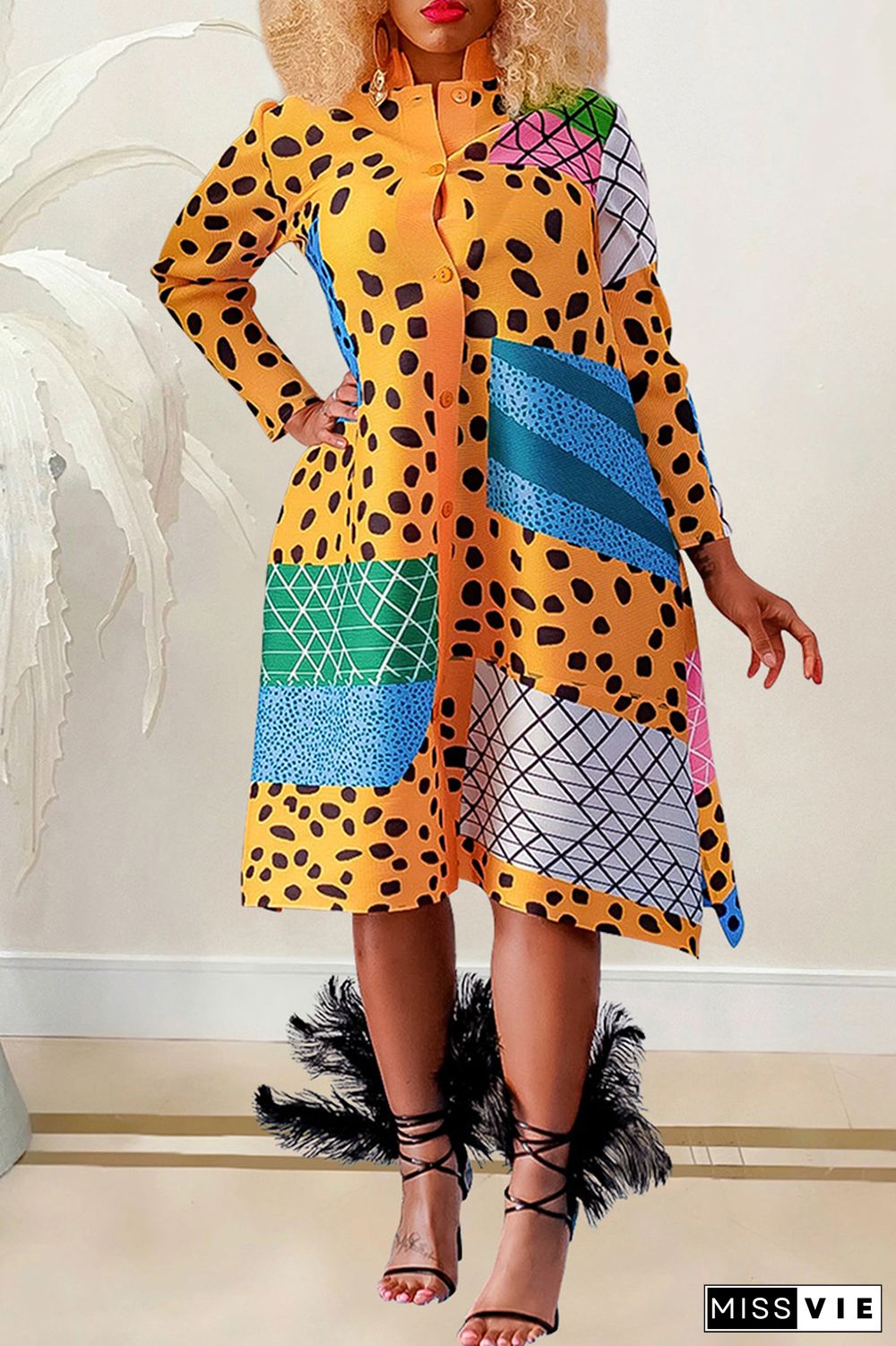 Yellow Casual Print Patchwork Mandarin Collar Long Sleeve Dresses