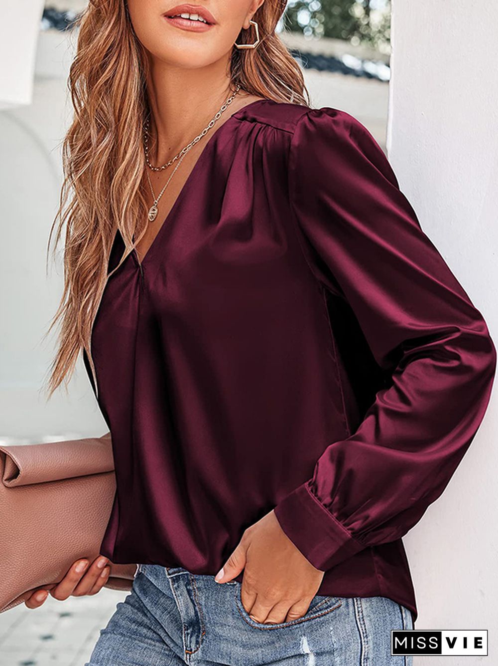 Loose Pleated Solid Color V-Neck Blouses&Shirts Tops