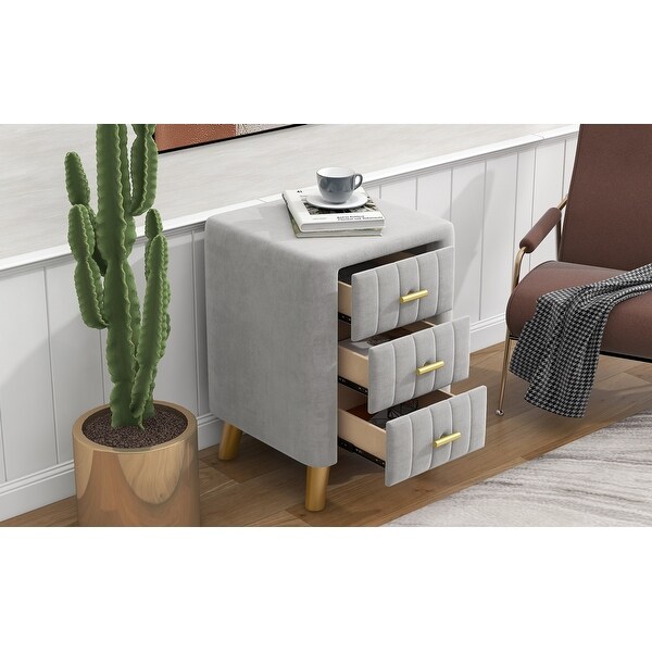 Modern Nightstand with 3 Drawers， Grey Velvet Upholstered Night Stand with Metal Handles， Grey - - 37970263