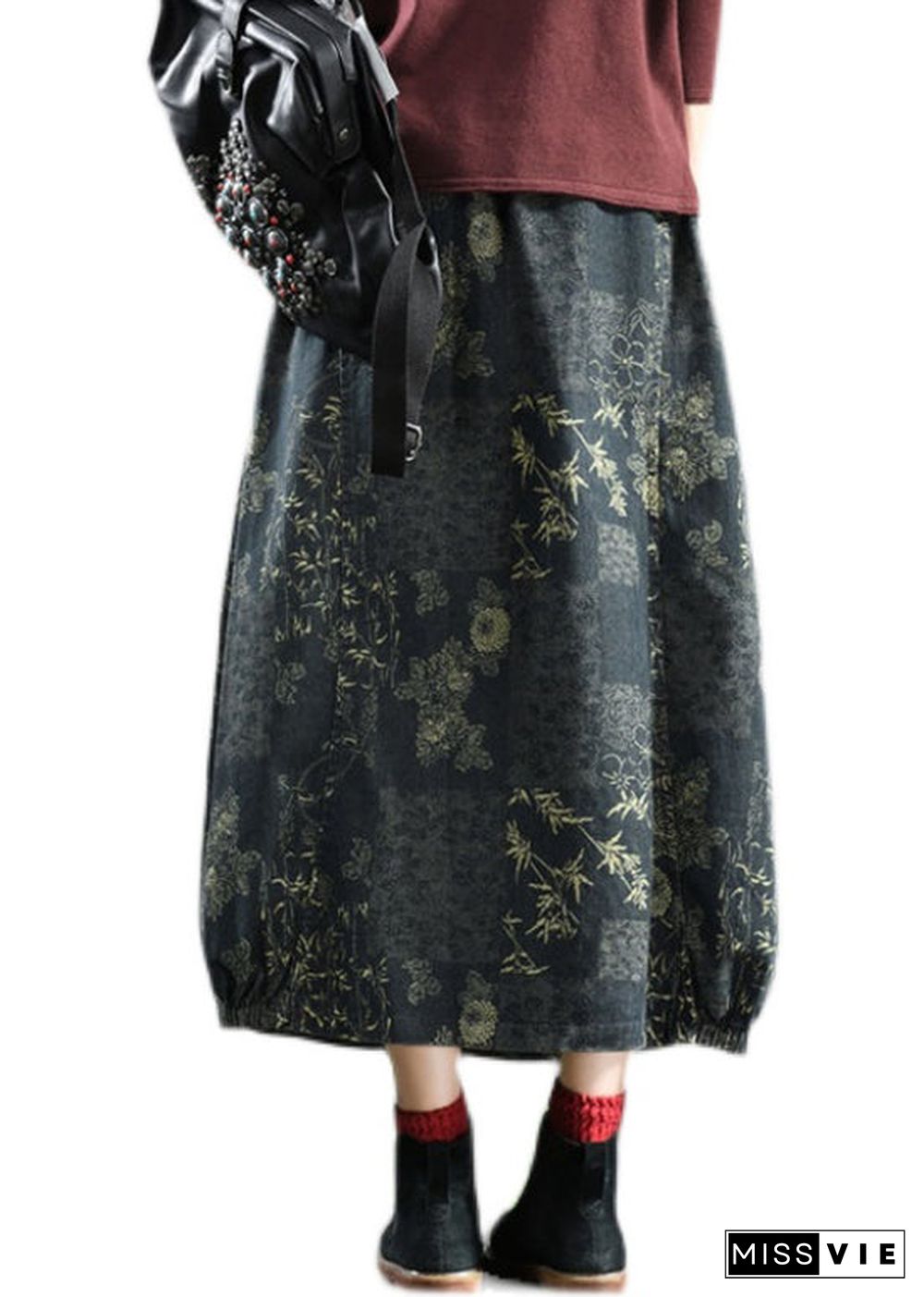 Natural Blue Pockets Print High Waist Denim Skirts Fall