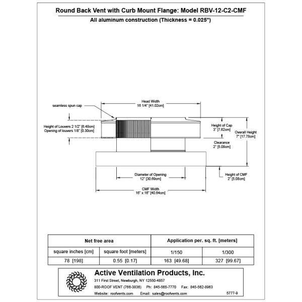 12 in. Dia. Aluminum Round Back Roof Vent with Curb Mount Flange in Mill Finish RBV-12-C2-CMF