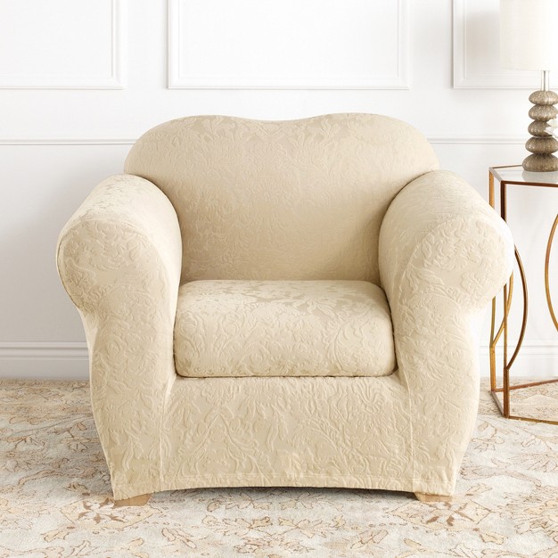 Stretch Jacquard Damask Chair Slipcover Oyster Sure Fit