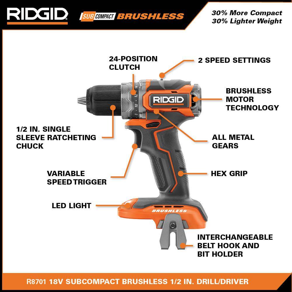 RIDGID 18V Lithium-Ion Brushless Cordless SubCompact 12 in. DrillDriver (Tool-Only) R8701B