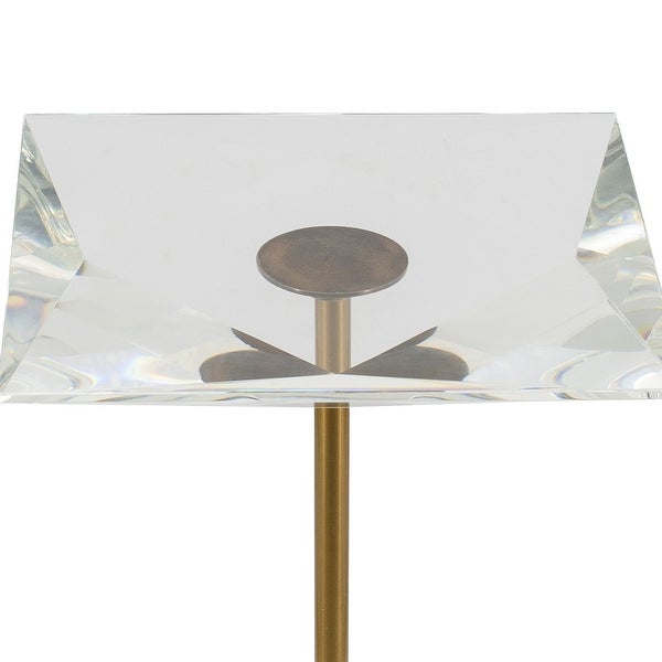 13 Inch Side End Table， Glass Top， Metal and Marble Base， White and Gold