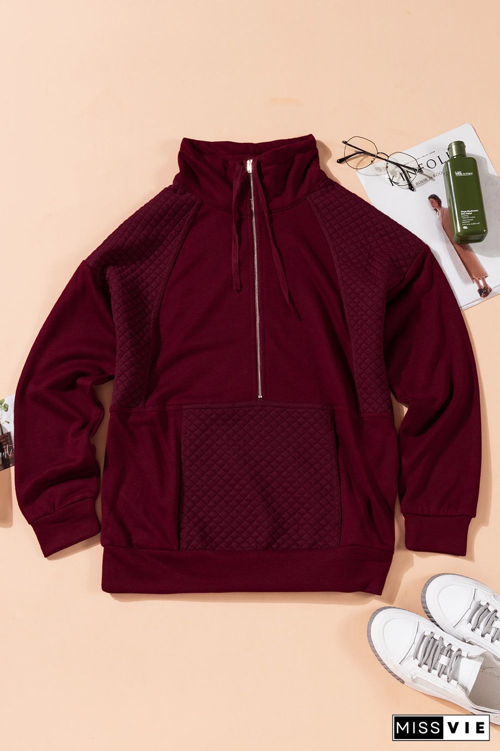 Wine Quilted Patch Half Zipper Sweatshirt