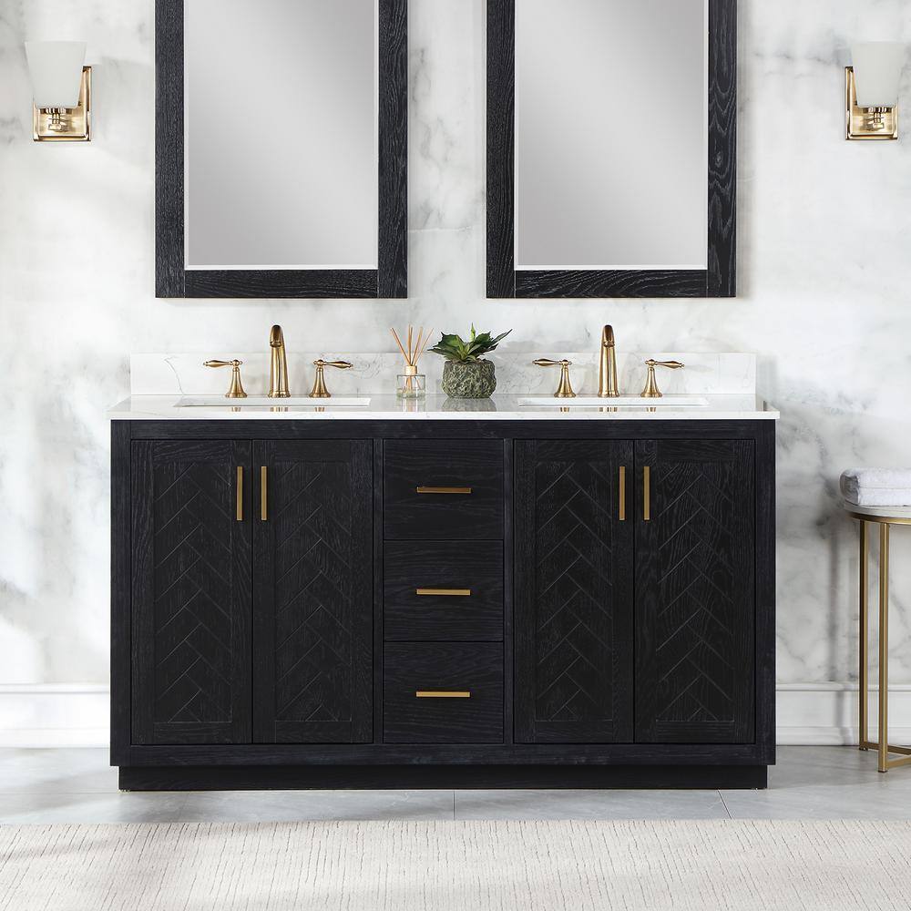 Altair Gazsi 60 in. W x 22 in. D x 34 in. H Bath Vanity in Black Oak with Grain White Composite Stone Top 543060-BO-GW-NM