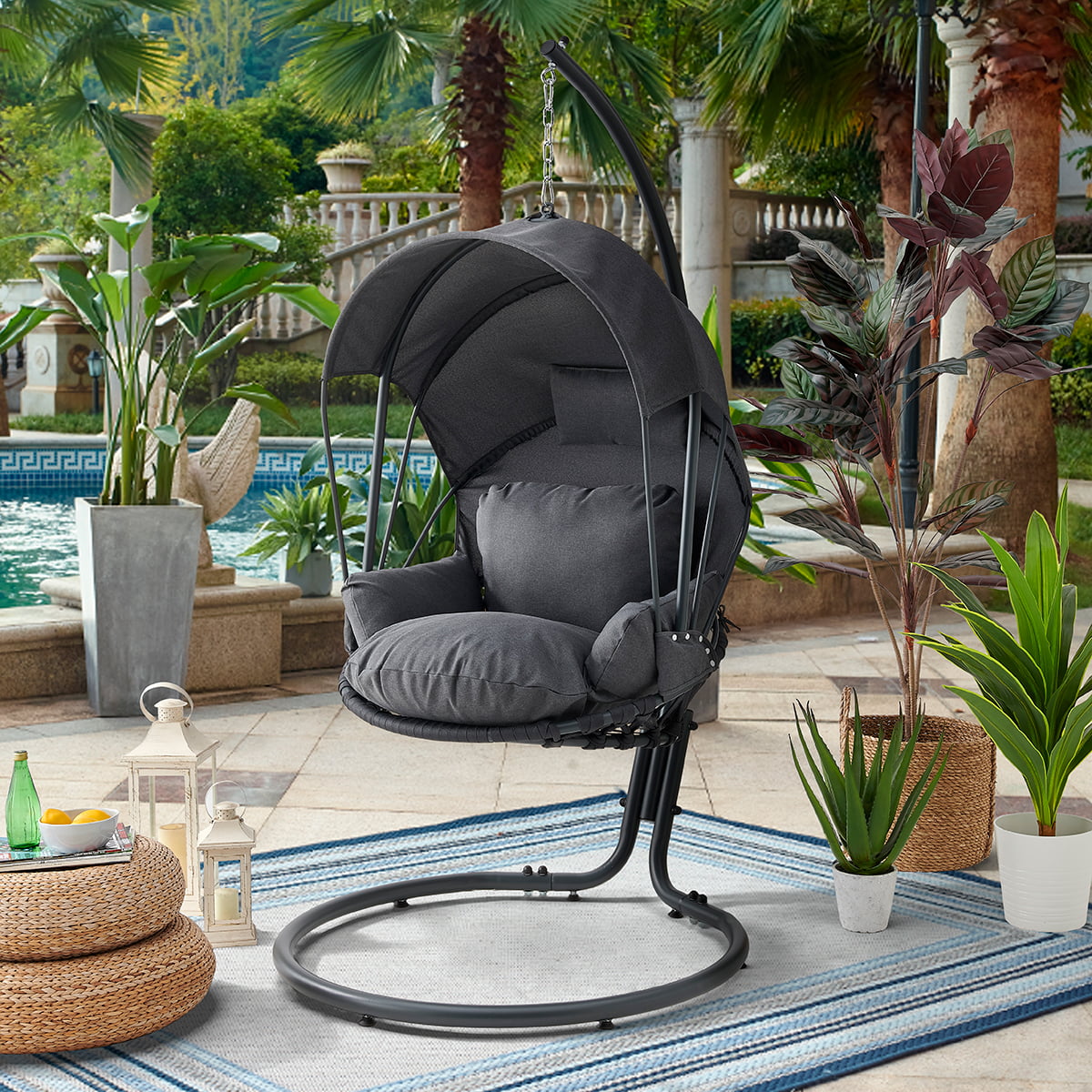 Deluxe Patio Hanging Swing Chair Lounge Stand Deep Seat Cushion w/ UV Resistant Canopy, Grey