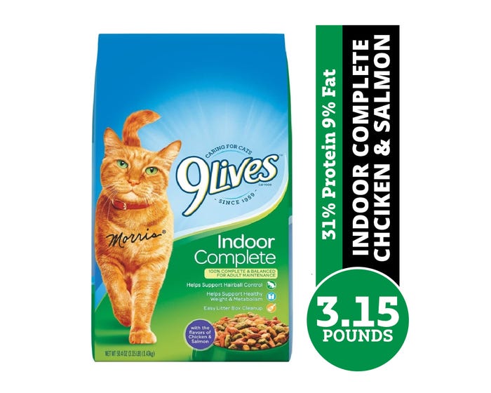 9Lives Indoor Complete Chicken  Salmon Flavor Adult Dry Cat Food， 3.15 lb. Bag