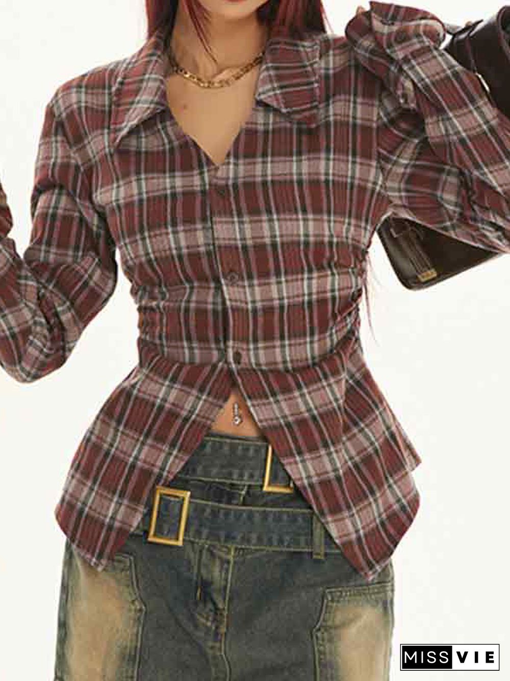 Vintage Plaid Pleated Lapel Neck Long Sleeve Shirt