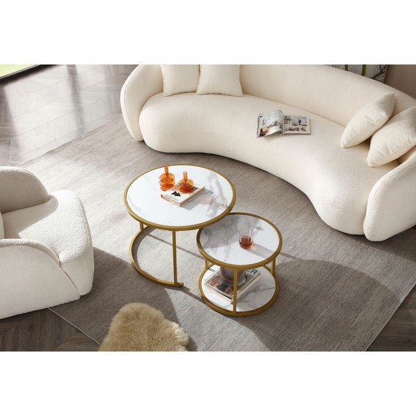 Marble Pattern MDF Top with Metal Frame Nesting Coffee Table Set Of 2， Elegant and Beautiful， Nesting Tables