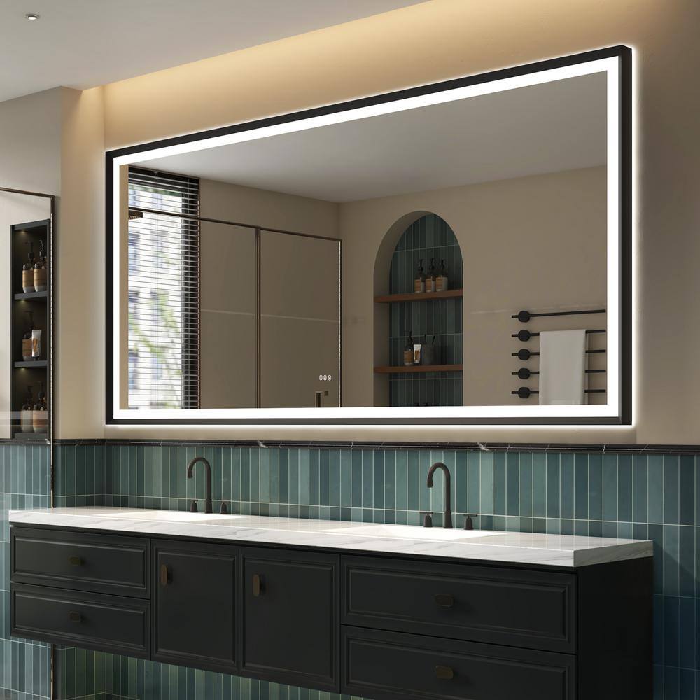 ANGELES HOME 84 in. W x 40 in. H Rectangular Framed Back and Front Light LED Wall Defog Plug Bathroom Vanity Mirror in Matte Black W6FM8440MB-CK