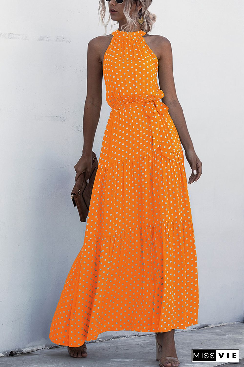 Halter Polka Dot Print Tie Waist Maxi Dress Wholesale