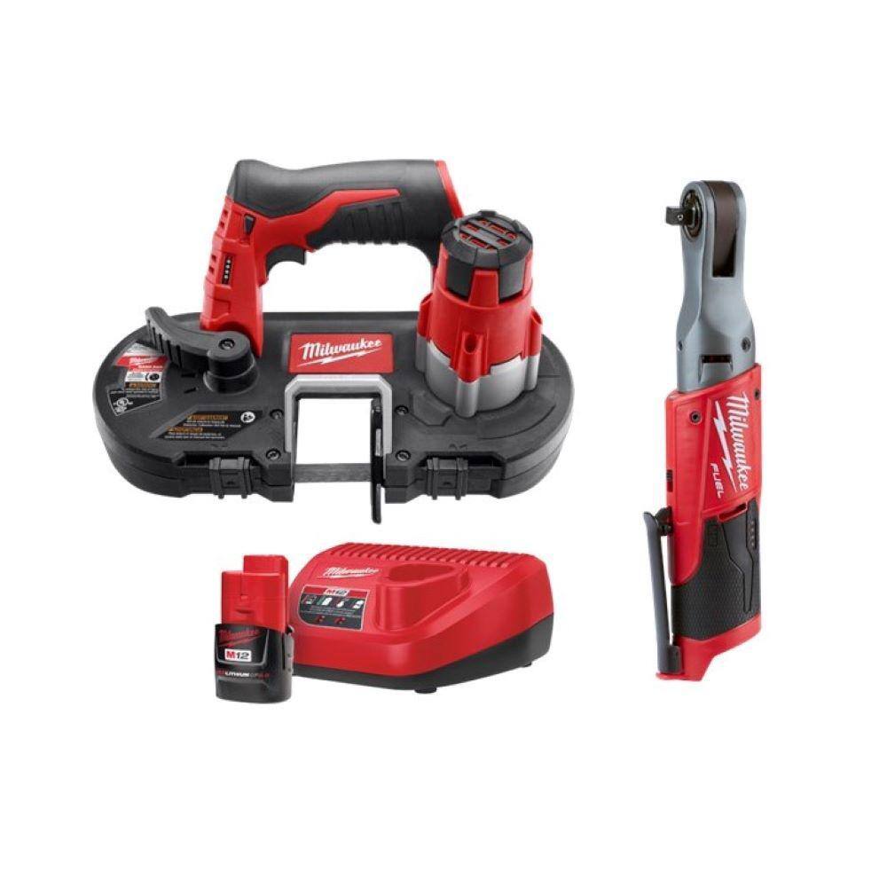 MW M12 12V Lithium-Ion Cordless Sub-Compact Band Saw and 38 in. Ratchet Combo Kit W (1) 2.0Ah Battery and Charger 2429-20-2557-20-48-59-2420