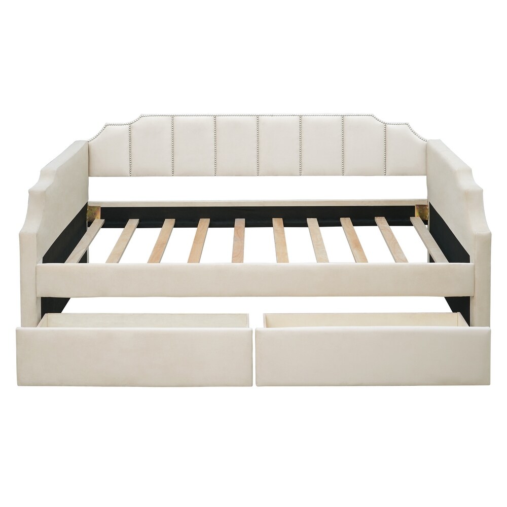 Twin Size Upholstered Daybed with Drawers   Wood Slat Support  Beige