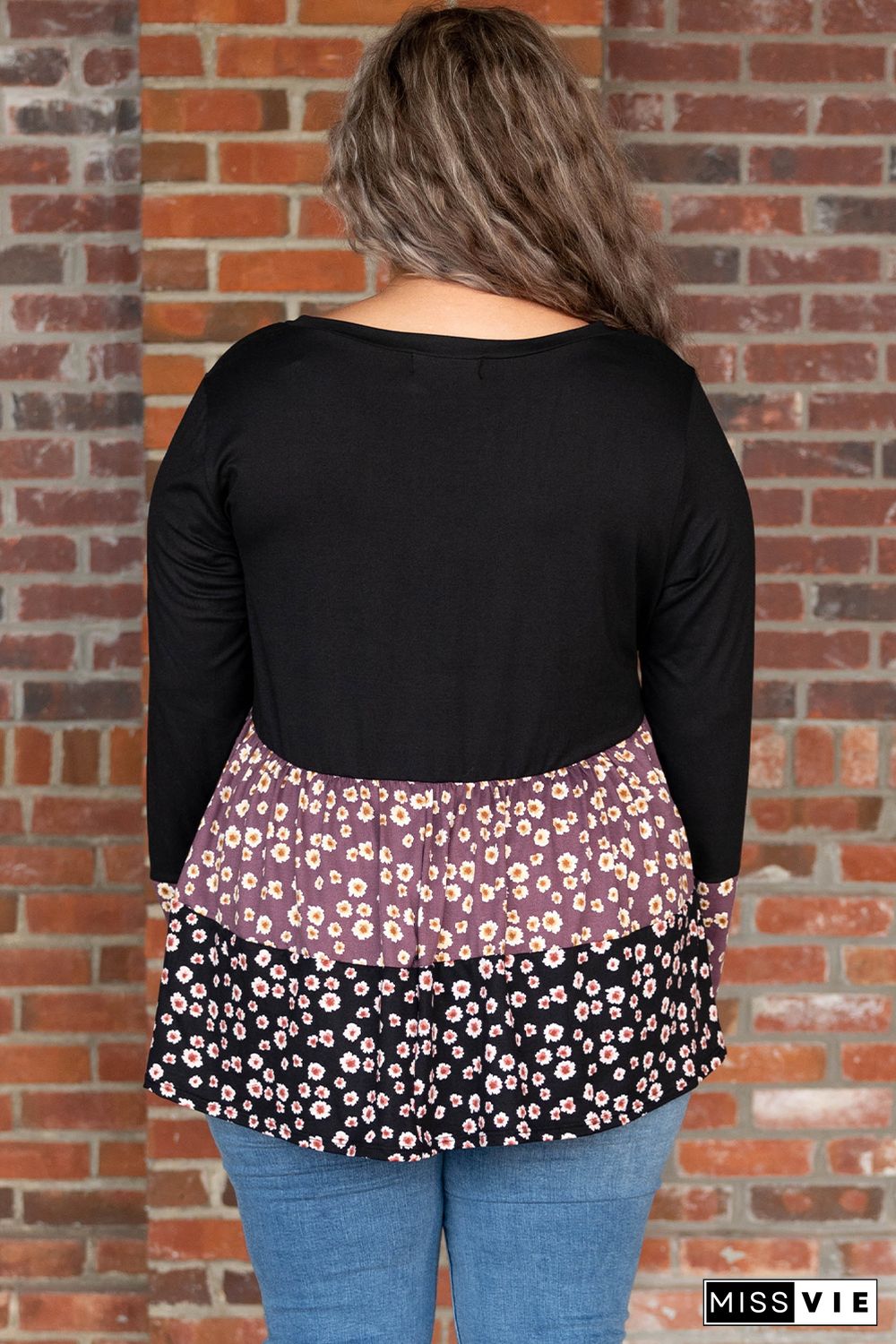 Black Floral Pattern Color Block Plus Size Pullover Top