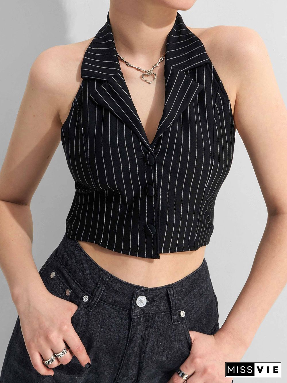 Pinstriped Crop Halter Tank Top