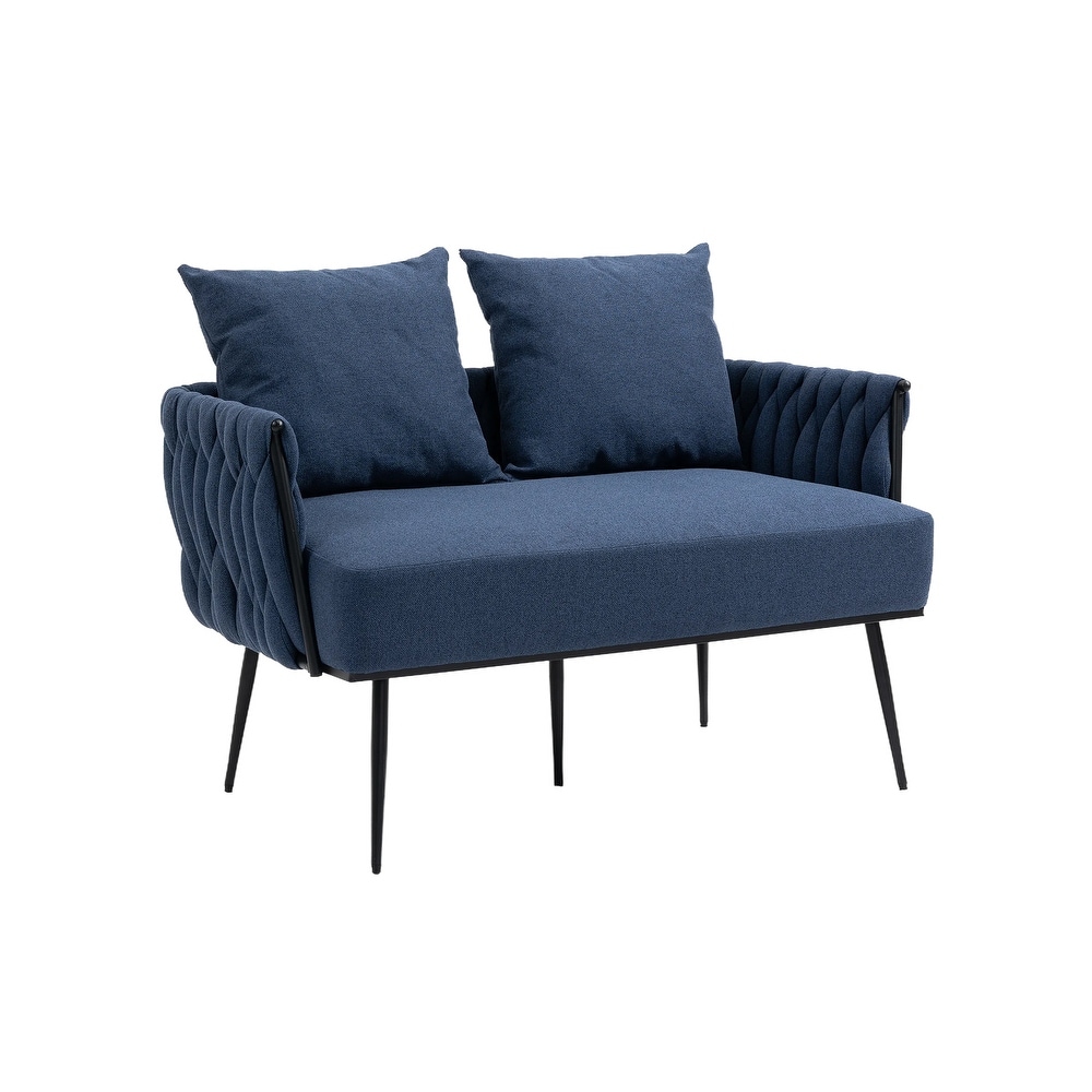 Modern Hand Woven Upholstered Sofa Chair  Navy Linen Accent Chair  Living Room Lounge Armrest Sofa with Metal Frame