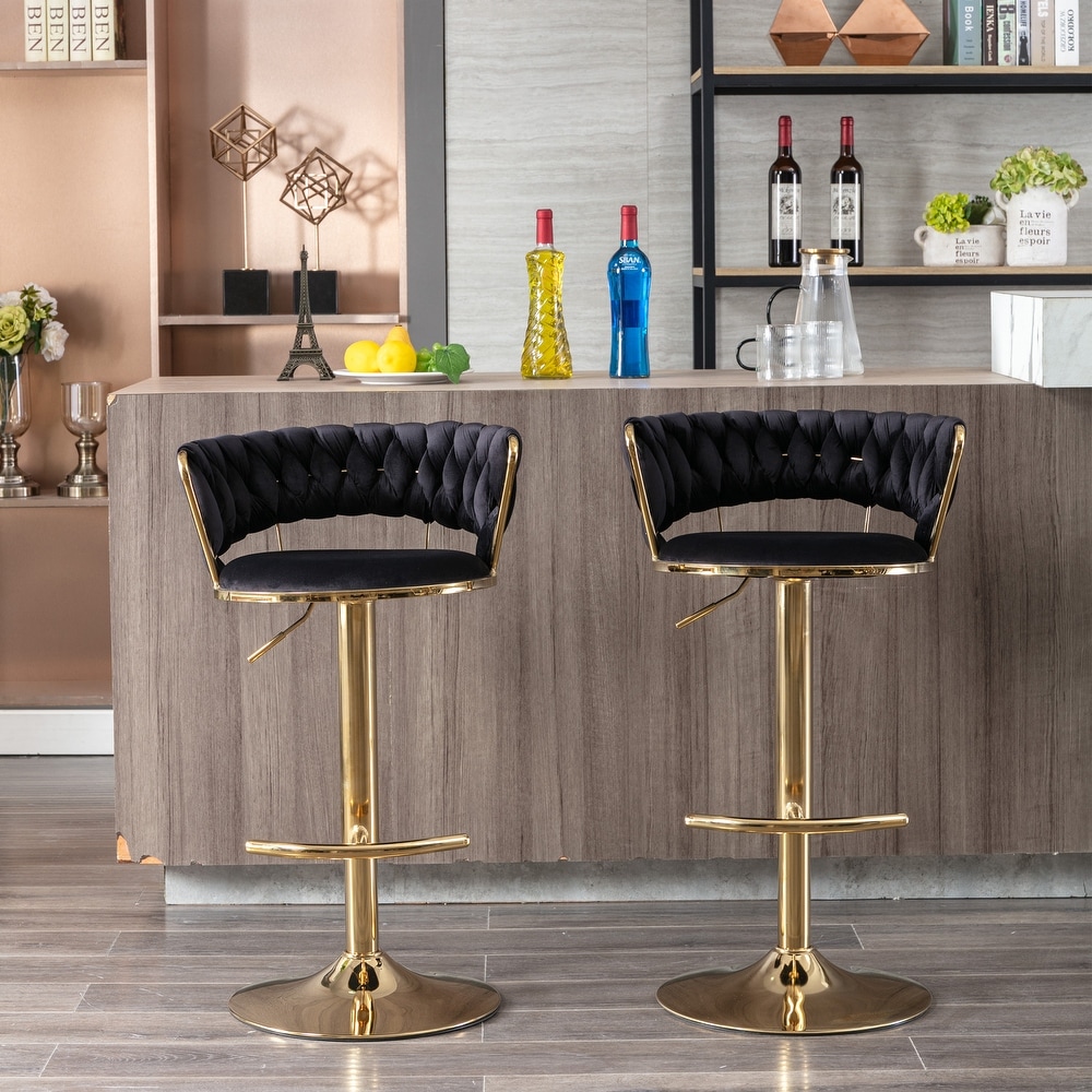 Modern Retro Height Adjustable Counter Chair Swivel Bar Stools Set of 2 with Velvet Woven Backrest Handrail and Footrest