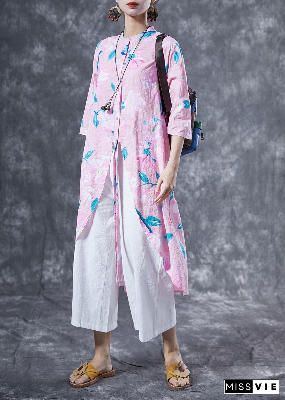 Pink Print Cotton Long Shirt Oversized Low High Design Summer