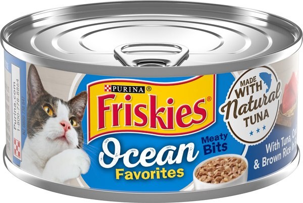 Friskies Ocean Favorites Meaty Bits Tuna， Crab and Brown Rice Natural Wet Cat Food， 5.5-oz can， case of 24