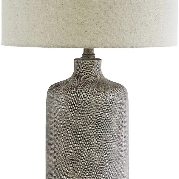 Textured Ceramic Frame Table Lamp with Fabric Shade， Gray and Off White