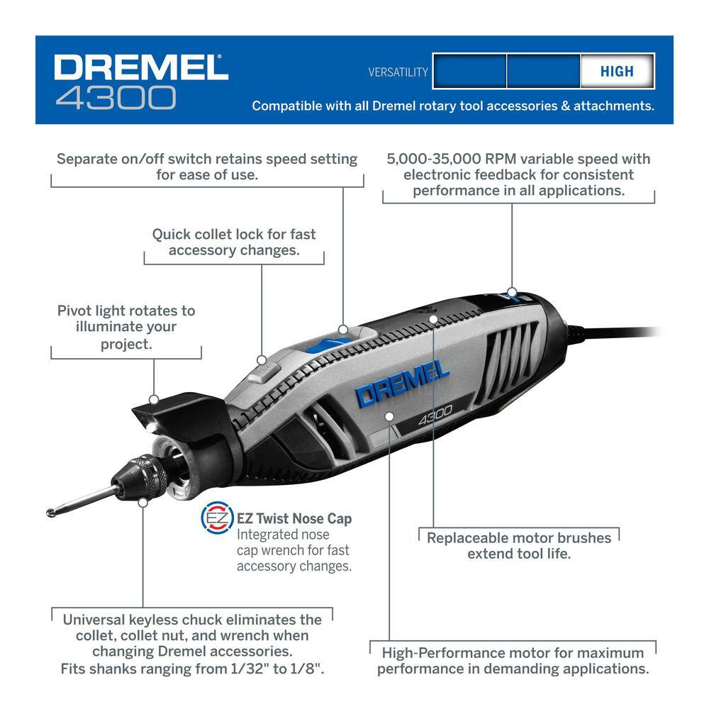 Dremel 4300 Series 1.8 Amp Variable Speed Corded Rotary Tool Kit with 11-Pc EZ Lock Cutting Rotary Accessories Kit 4300540+EZ72801