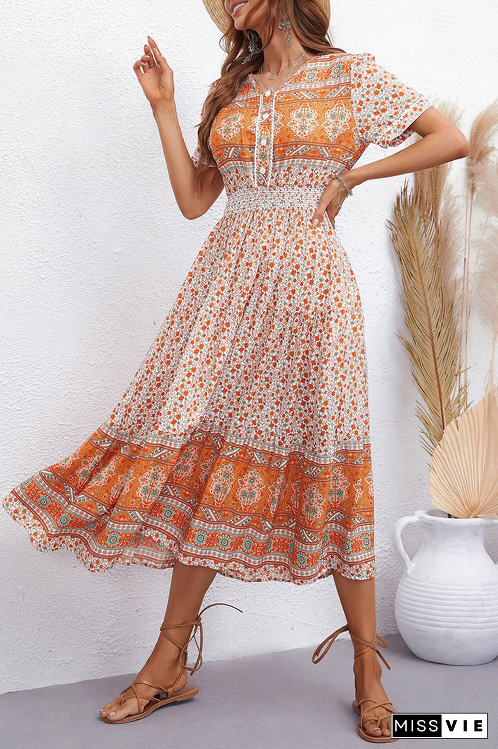 Bohemia Style Vintage Floral Print Midi Dress