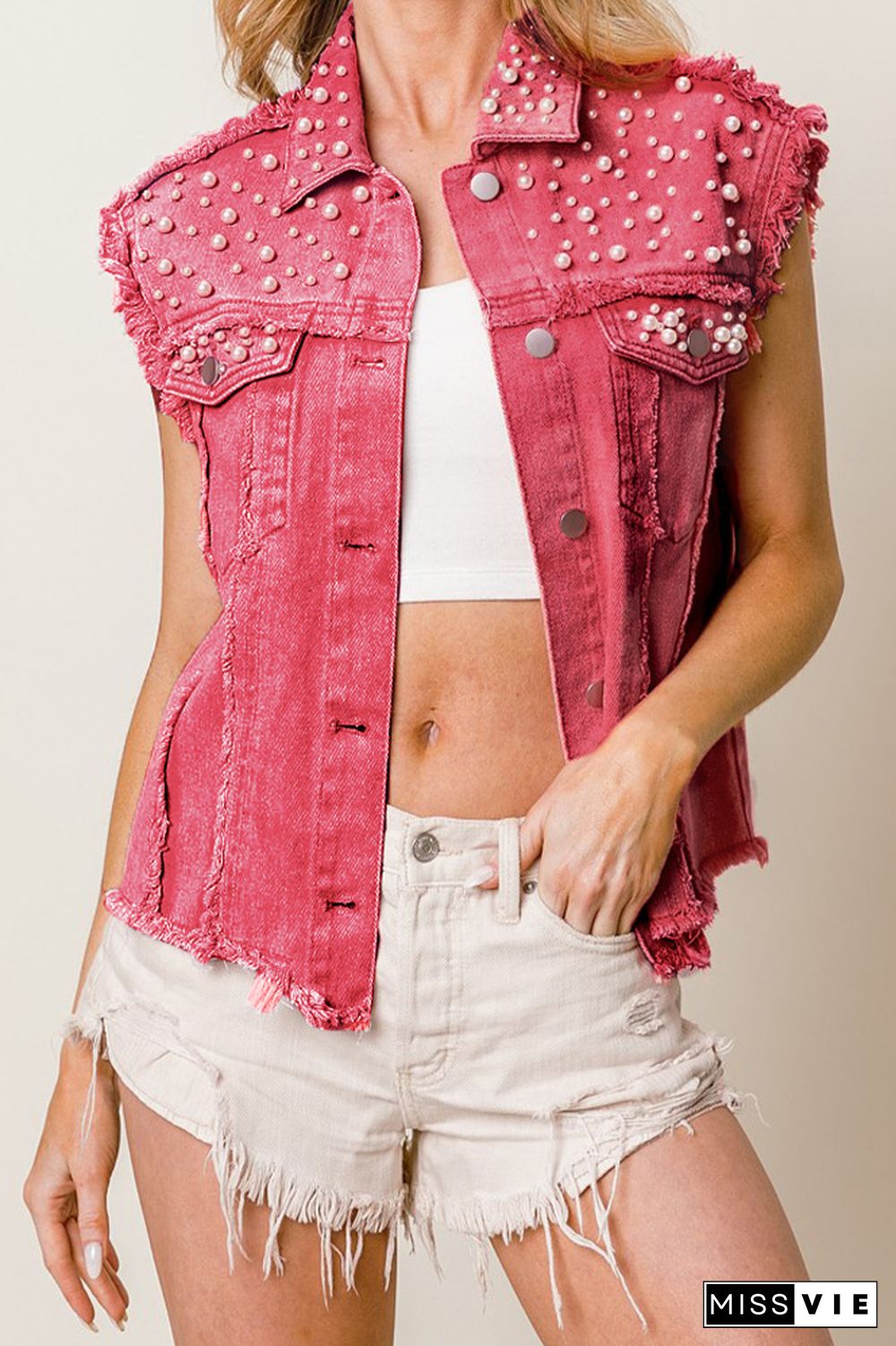 Rosy Rhinestone Raw Hem Sleeveless Denim Jacket