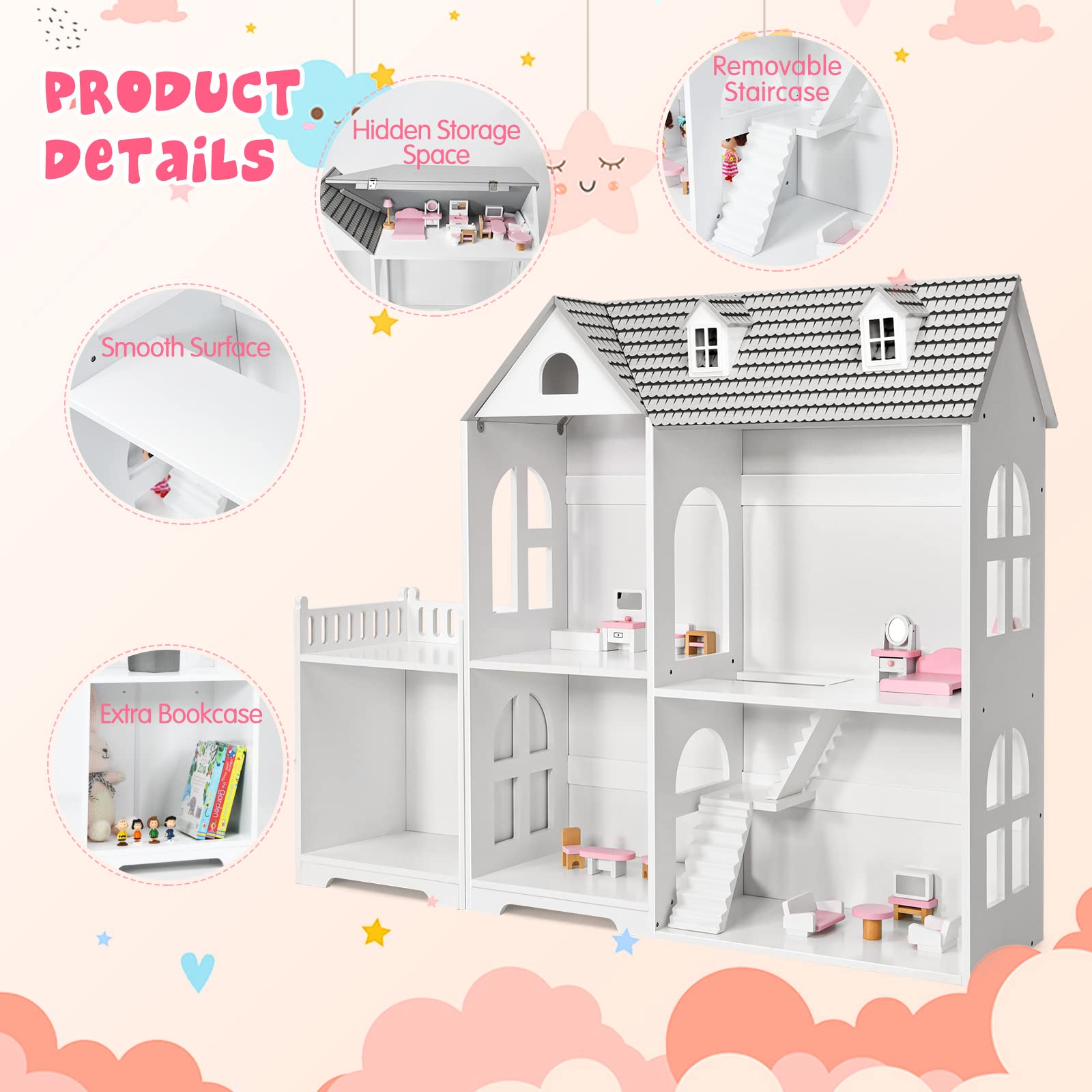 Kids Wooden Dollhouse, 2-in-1 Cottage Dollhouse Bookcase