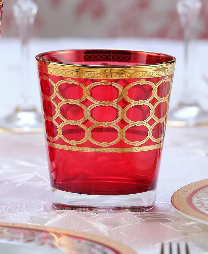 Lorren Home Trends Deep Red Colored Double Old Fashion with Gold-Tone Rings Set of 4