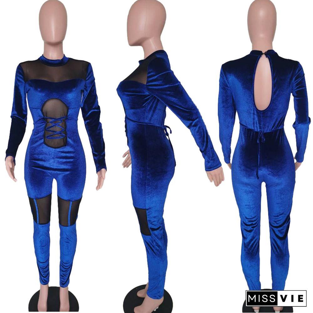 Sexy Mesh Sheer Velvet Patchwork Tight Jumpsuit