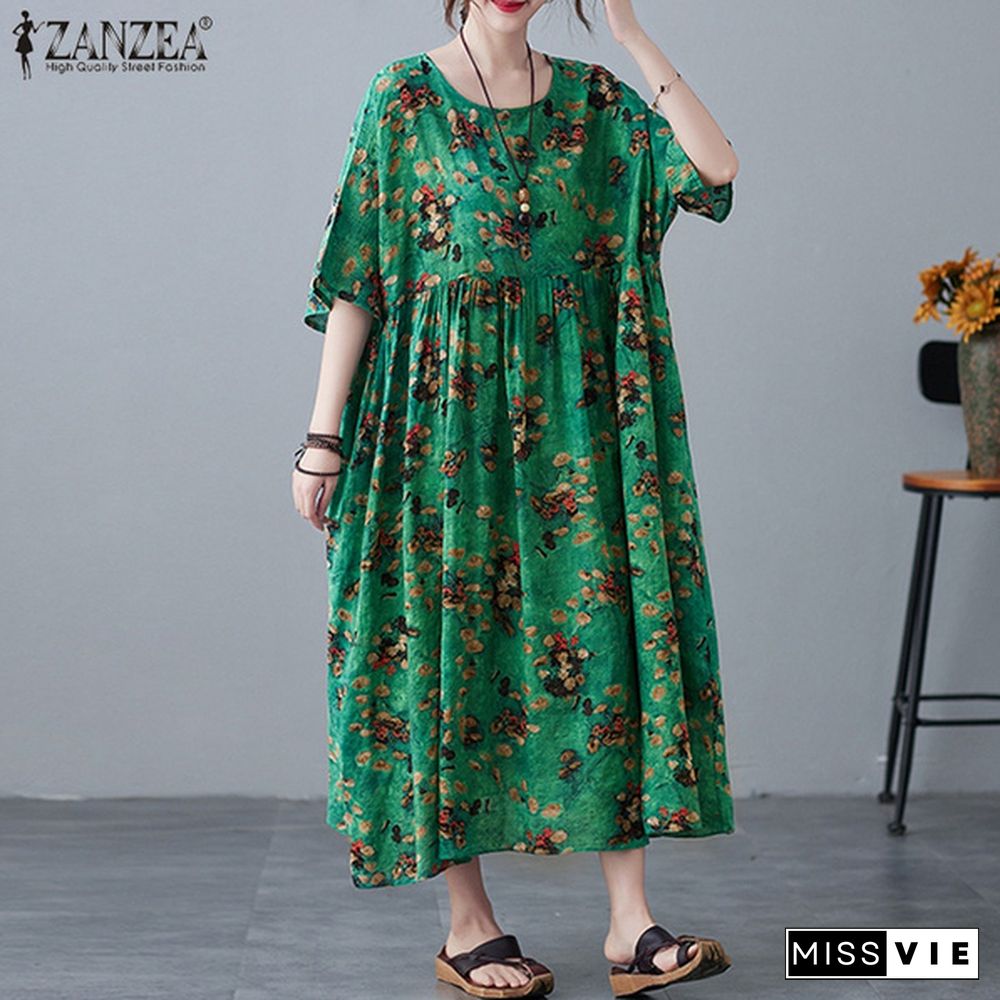 Women Casual Summer Sundress Full Sleeve Printed Plus Size Crew Neck Baggy Midi Dress