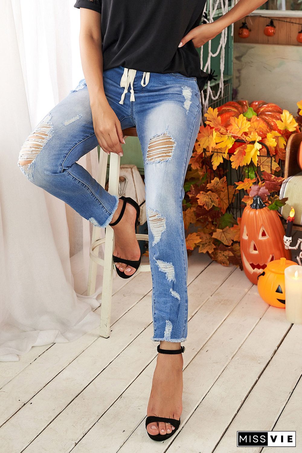 Sky Blue Drawstring Elastic Waist Hole Ripped Jeans