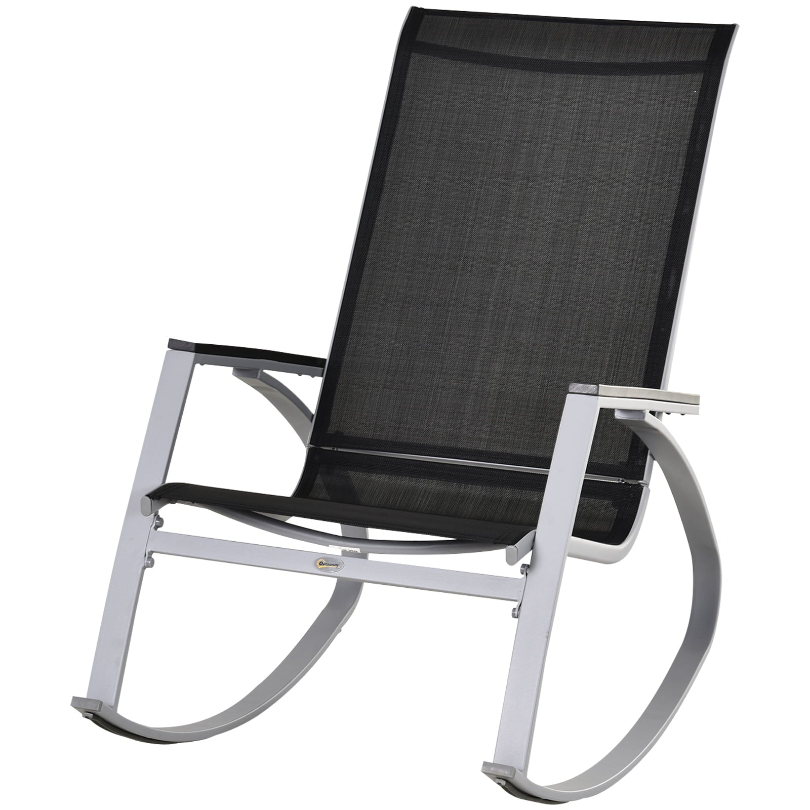 Outsunny Outdoor Modern Front Porch Patio Rocking Sling Chair - Black / Silver Steel, sling mesh, composite wood