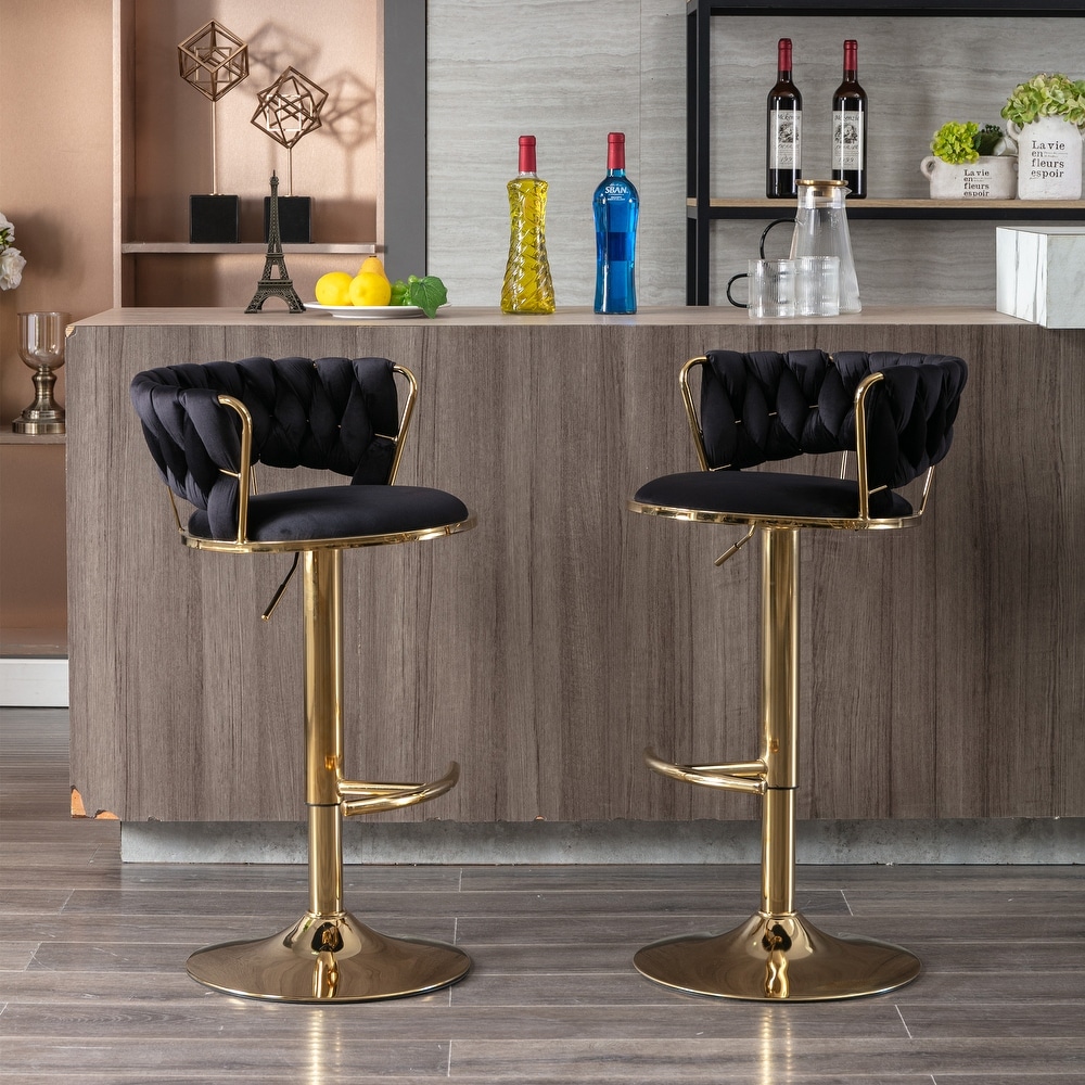 Modern Retro Height Adjustable Counter Chair Swivel Bar Stools Set of 2 with Velvet Woven Backrest Handrail and Footrest