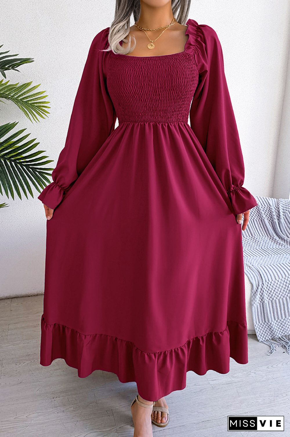 Plain Square Neck Smocked Top Maxi Dress