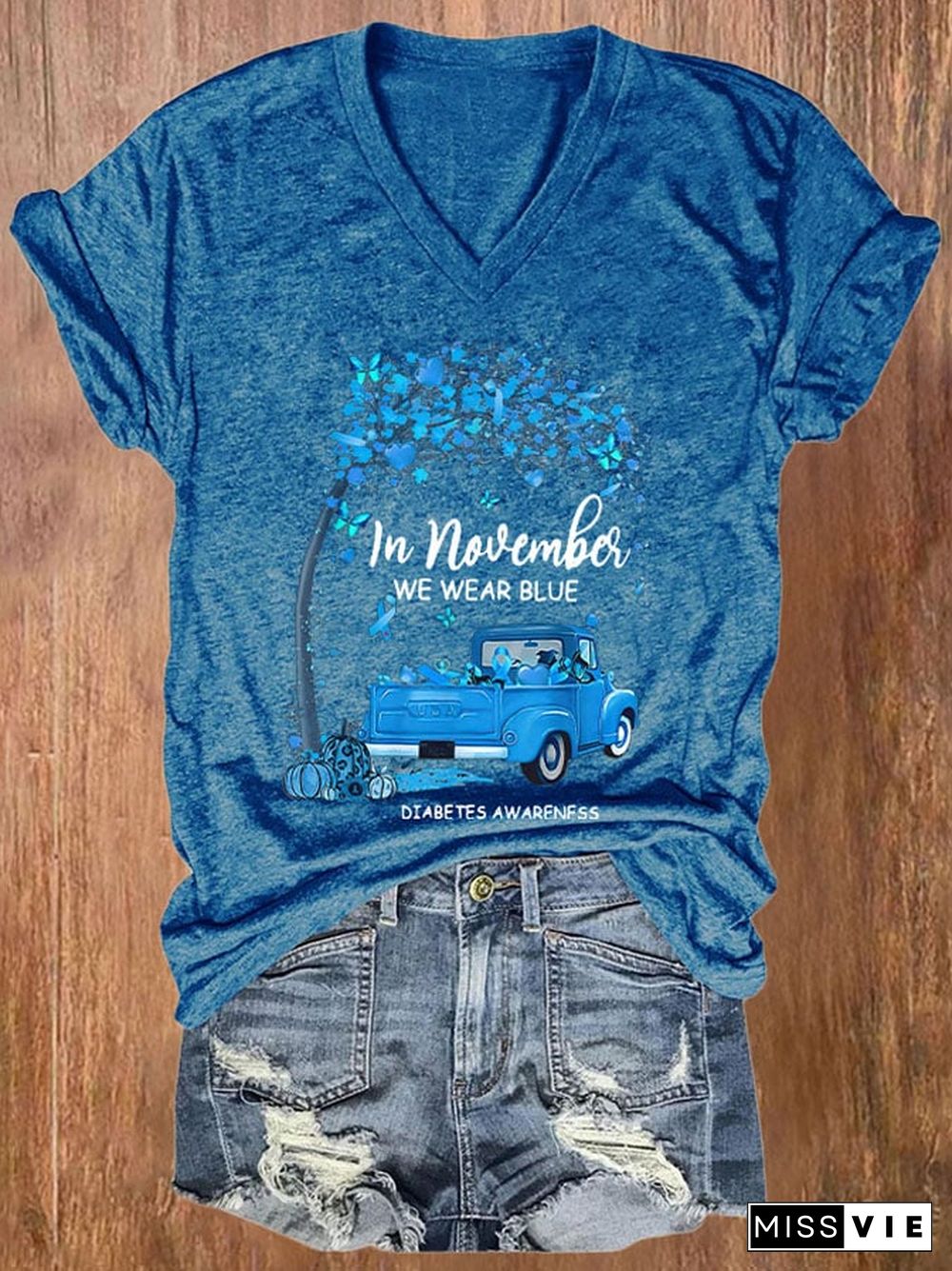 Women's In November We Wear Blue Diabetes Awareness Print V Neck T-Shirt