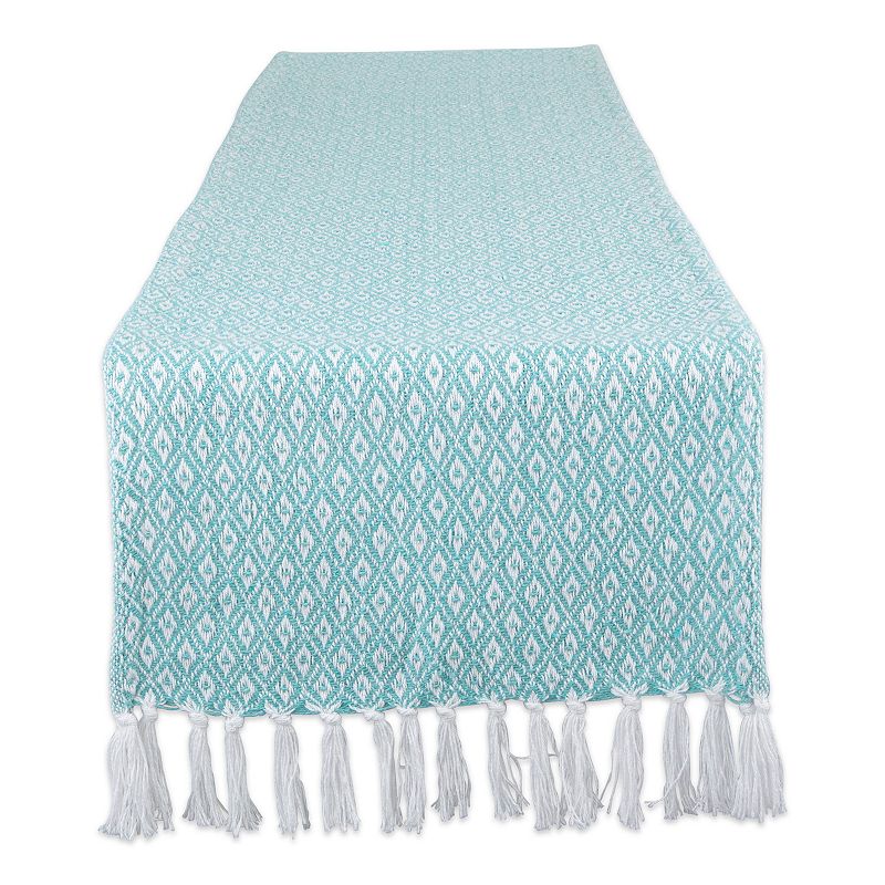 72 Aqua Blue and White Diamond Rectangular Weaved Table Runner