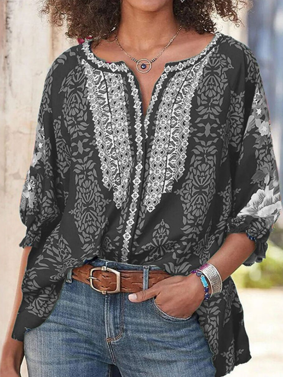 V-neck Casual Loose Vintage Print Long Sleeve Blouse